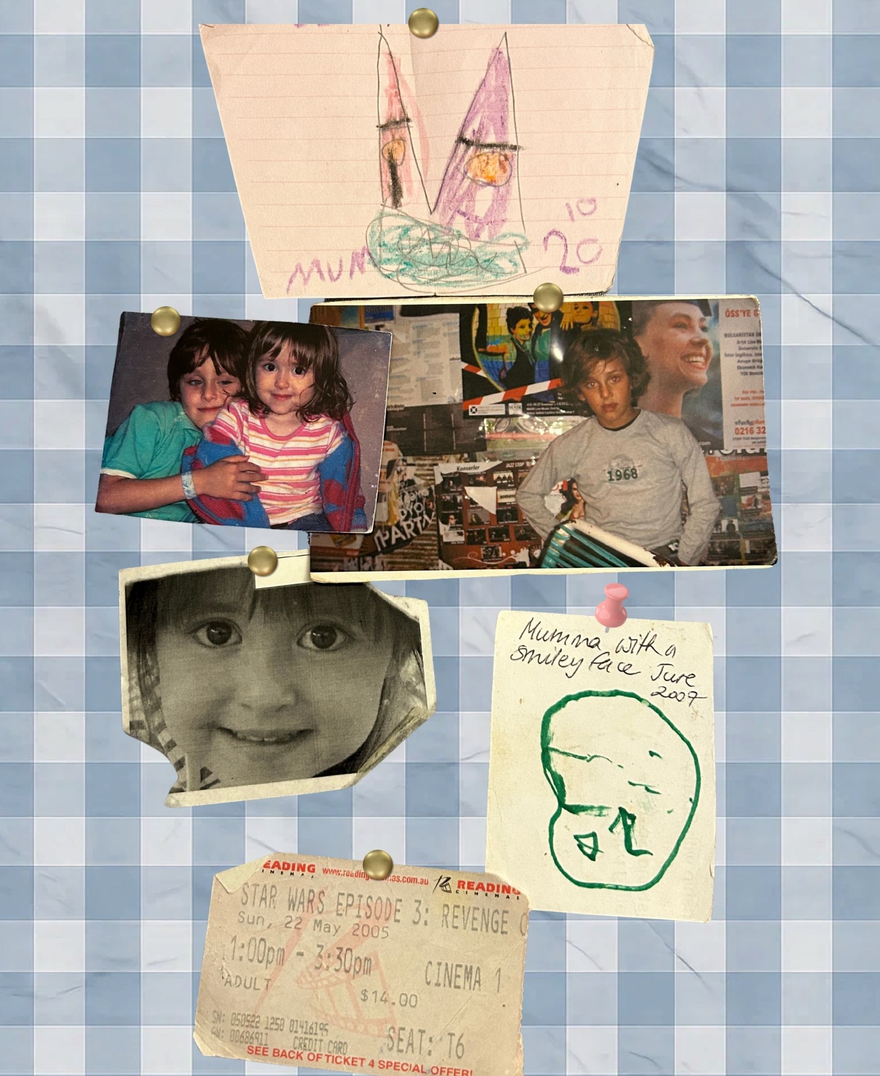 Collage of photos and drawings pinned to a blue checkered background; includes children's photos and a hand-drawn illustration on lined paper.